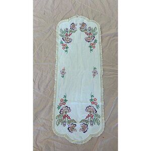 Vintage Embroidered Floral Table Dresser Runner With Crochet Edge 38.5" X 13.5"